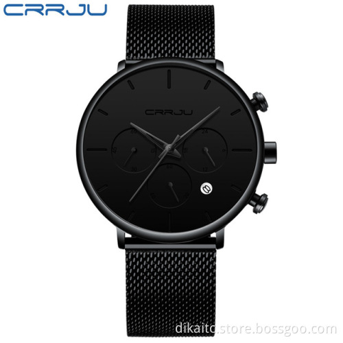 CRRJU Mens Business Dress Watches Luxury Casual Waterproof Sport Watch Men 3 eyes Dial Quartz Slim Mesh Watch Relogio Masculino